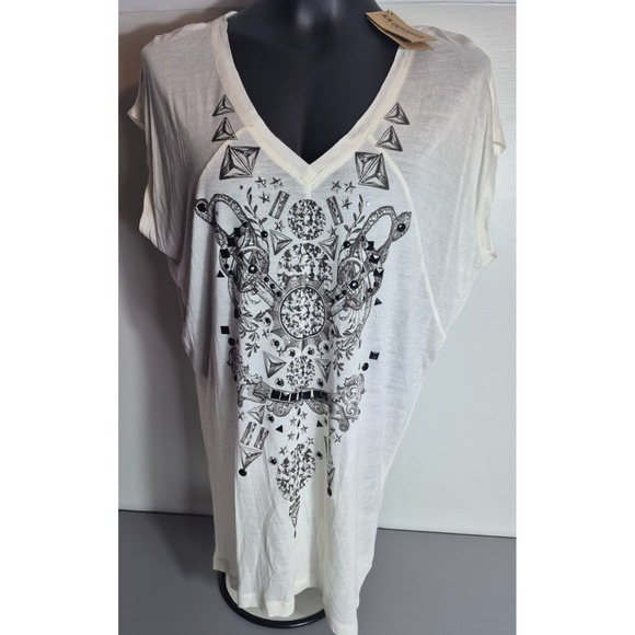 Miss Me MM Unplugged Womens Short Sleeve Bling Shirt M NEW NWT Ivory - Picture 1 of 5